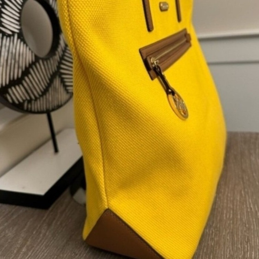Michael Kors Yellow Canvas Satchel Tote Bag Tan Leather Trim Gold Hardware Large - Picture 9 of 10